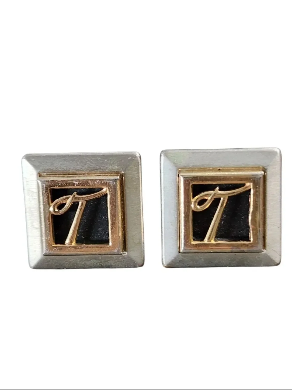 Swank Vintage Gold Pewter Square Initial T Cufflink Tie Clip Set